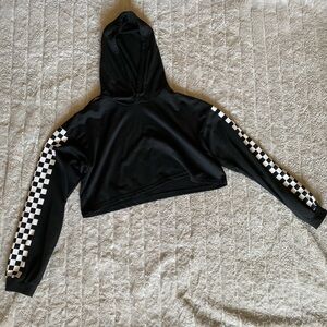Black Checkered Sleeve Cropped Hoodie